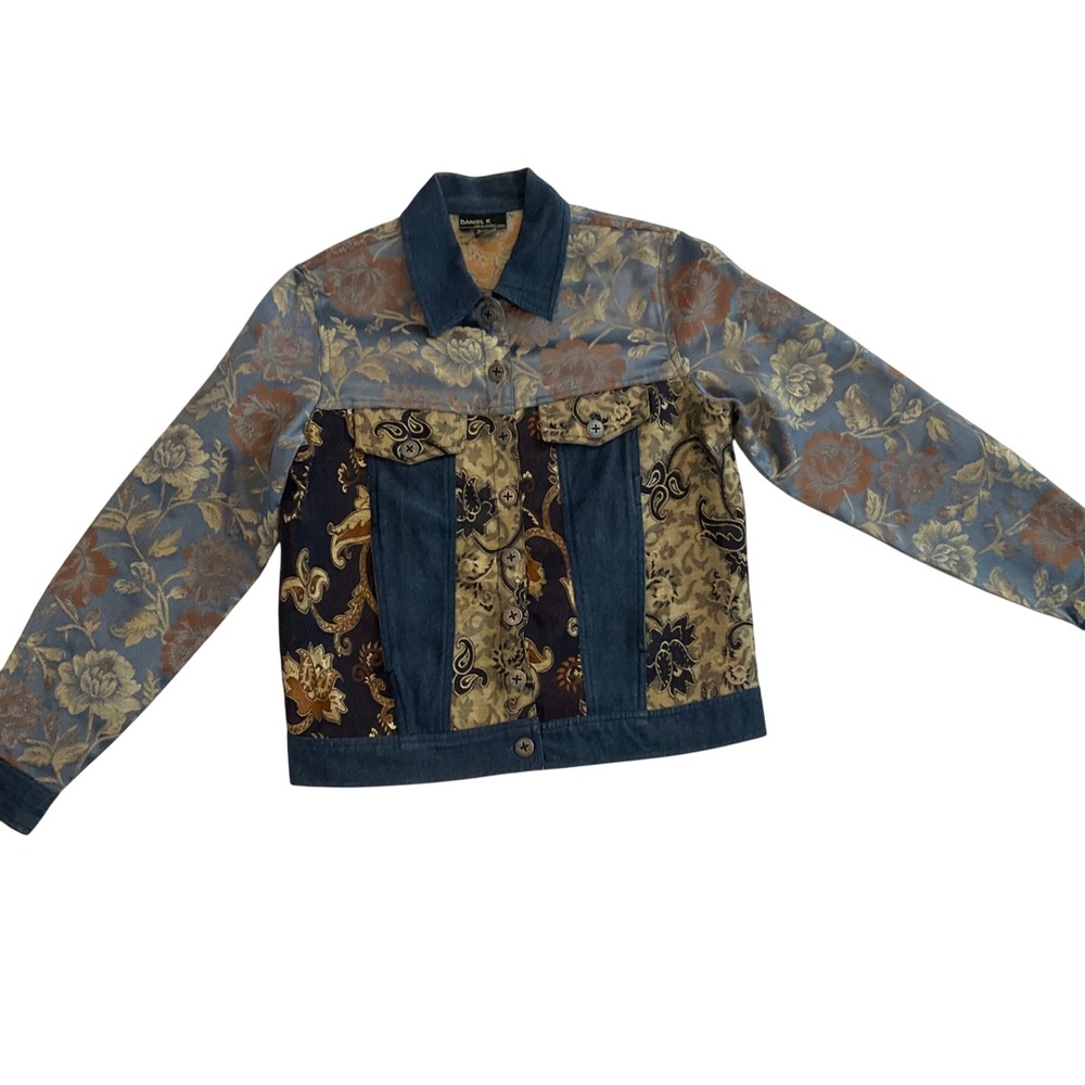 Daniel‎ K New York Denim & Brocade Jacket Small Button Down Floral Paisley